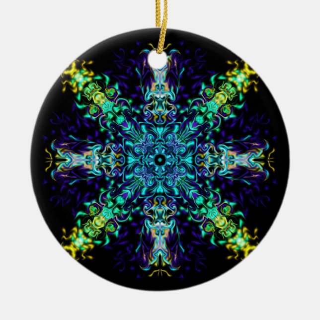 Ornamento De Cerâmica Green Teal Psychedelic Bohemian Mandala (Frente)