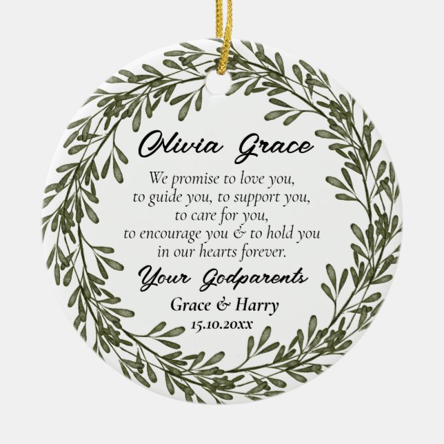 Ornamento De Cerâmica Green Wreath Godparent promete a Deus (Frente)