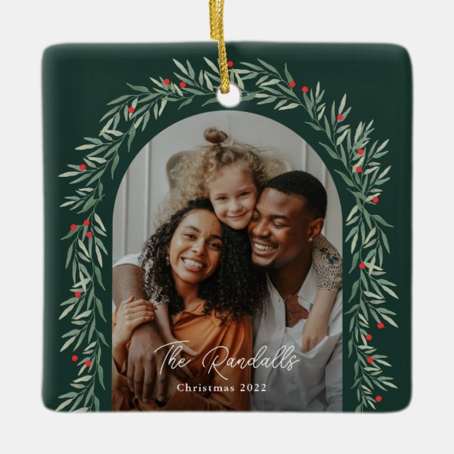 Ornamento De Cerâmica Greenery Arch Modern Script Foto de Natal (Frente)