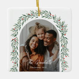 Ornamento De Cerâmica Greenery Arch Modern Script Foto de Natal