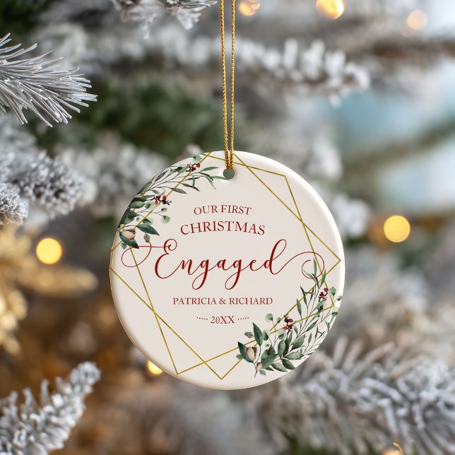 Ornamento De Cerâmica Greenery Geométrico Nosso Primeiro Natal Envolvido (Criador carregado)