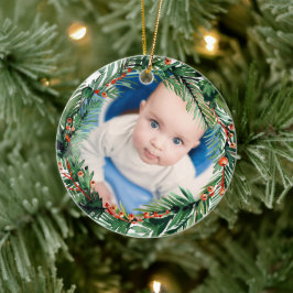 Ornamento De Cerâmica Greenery Wreath My First Christmas Baby Photo