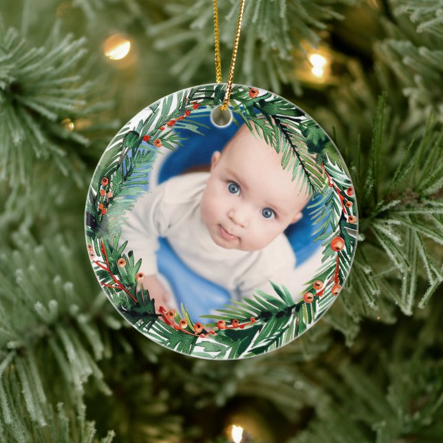 Ornamento De Cerâmica Greenery Wreath My First Christmas Baby Photo (Árvore)