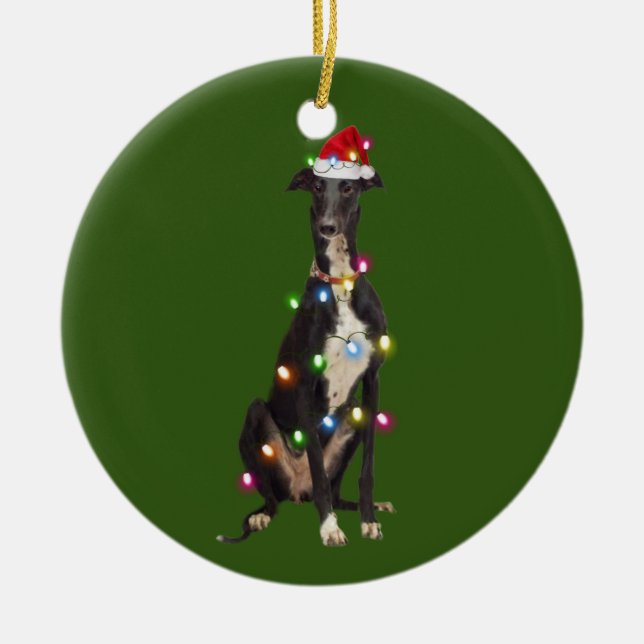 Ornamento De Cerâmica Greyhound com café de Natal Santa Hat (Frente)
