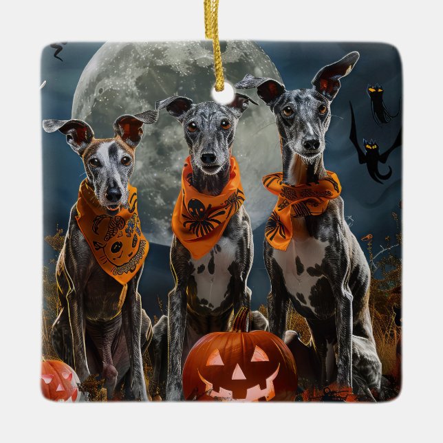 Ornamento De Cerâmica Greyhound Halloween Spooky (Frente)