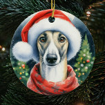 Ornamento De Cerâmica Greyhound Santa Hat Watercolor Natal<br><div class="desc">Greyhound Cóstia Aquarela Vestindo um Enfeites de natal de Santa Hat com tons vintage e uma árvore de Natal ao fundo. O presente perfeito para amantes de galgos.</div>