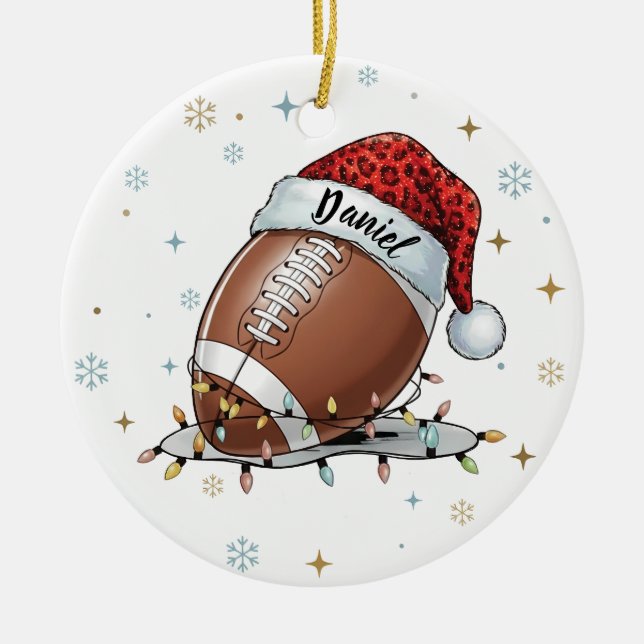 Ornamento De Cerâmica Gridiron Glow: Football with Santa Hat  (Frente)