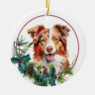 Ornamento De Cerâmica Grinalda de Evergreen com Cachorro Pastor Australi