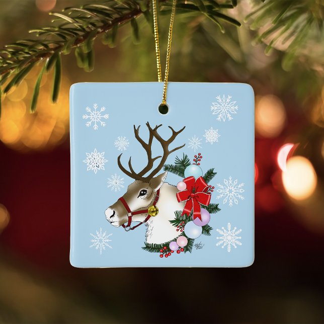 Ornamento De Cerâmica Grinalda de Natal da Rena Azul Festiva (Criador carregado)