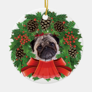 Ornamento De Cerâmica Grinalda do feriado do Natal do Pug