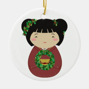 Ornamento De Cerâmica Grinalda do Natal de Kokeshi