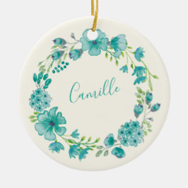 Ornamento De Cerâmica Grinalda Floral Verde Mar Aqua Personalizada