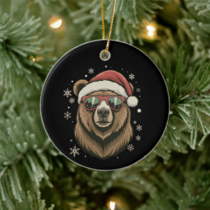 Ornamento De Cerâmica Grizzly Bear Chapéu de Papai Noel Engraçado Amante