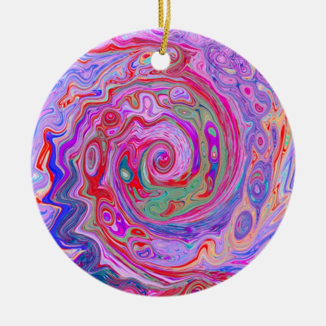 Ornamento De Cerâmica Groovy Abstrato Retro Vermelho, Roxo e Rosa Swirl (Frente)