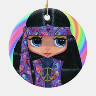 Ornamento De Cerâmica Groovy Hippie - Pintinho no Roxo Paisley Peace Sig