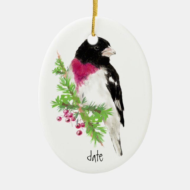 Ornamento De Cerâmica Grosbeak com Rosa Datado Personalizado, Aves (Frente)