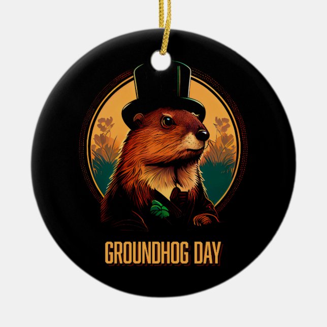 Ornamento De Cerâmica Groundhog Day com Phil (Frente)