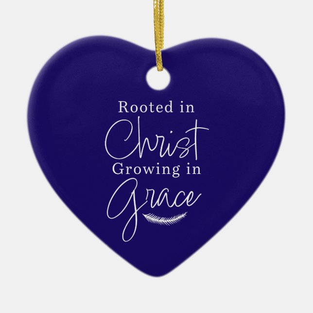 Ornamento De Cerâmica Growing in Grace Blue and White Heart Christmas (Frente)
