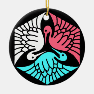 Ornamento De Cerâmica Gruas japonesas, coral, turquesa e preto