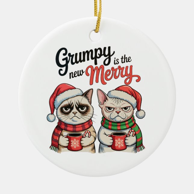 Ornamento De Cerâmica Grumpy É O Novo Sobrinho De Gato De Natal Feliz. (Frente)