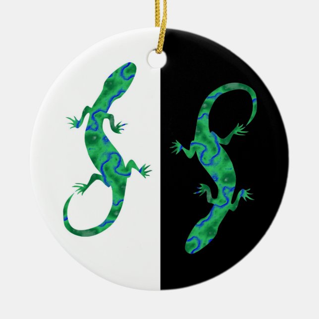 Ornamento De Cerâmica Grüner Gecko ArtDeco design preto e branco (Frente)