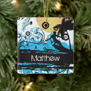 Ornamento De Cerâmica Grunge Personalizado Surfing Beach Christmas