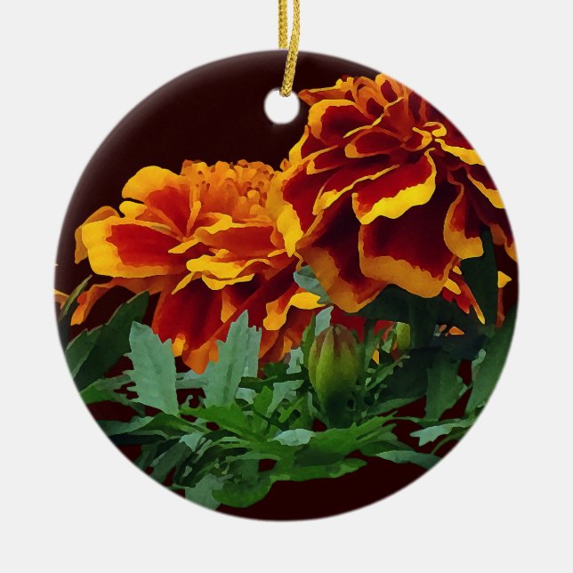 Ornamento De Cerâmica Grupo de Marigolds Laranja com Dicas Amarelas (Frente)