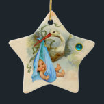 ORNAMENTO DE CERÂMICA GUARDA AZUL DO CHÁ STORK BABY BOY STAR MONOGRAMA<br><div class="desc">Elegante,  colorido e vibrante design branco azul teal com um bebê e uma cegonha voadora e uma pedra brilhante tridimensional por Búlgaro Lumini (c). Fácil de personalizar com seu próprio texto para anúncios guardados,  obrigado você,  chás de fraldas,  festas de aniversário da criança,  ou praticamente qualquer evento que desejar!</div>