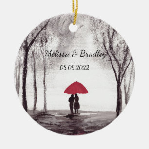 Ornamento De Cerâmica Guarda-chuva vermelho casal de namorados Recém-cas
