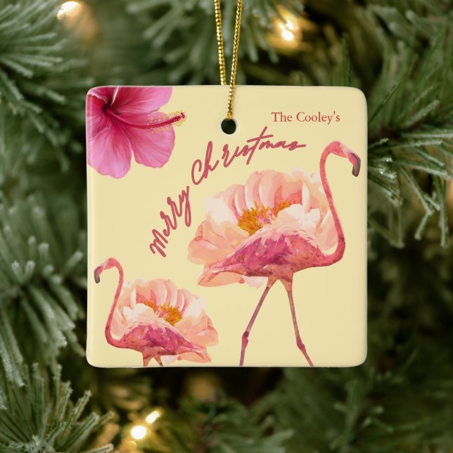 Ornamento De Cerâmica Guarda-de-Natal Tropical Flamingo Personalizada (Árvore)