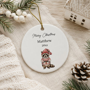 Ornamento De Cerâmica Guaxinim de Natal Aquarela Nome
