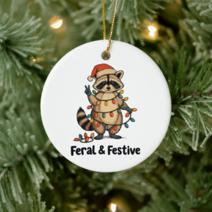 Ornamento De Cerâmica Guaxinim Feral e Festivo Luzes de Natal