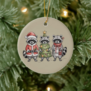 Ornamento De Cerâmica Guaxinins de Natal Trio da Floresta Árvore do Papa