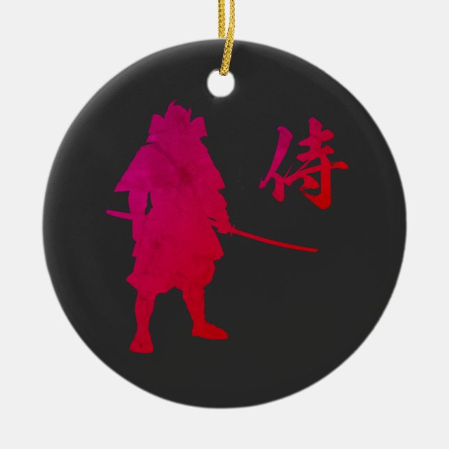Ornamento De Cerâmica Guerreiro Samurai blindado com caligrafia japonesa (Frente)
