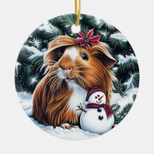 Ornamento De Cerâmica Guiné Pig e Snowman no Natal (Frente)