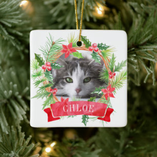 Ornamento De Cerâmica Guirlanda de Natal com Foto de Gato