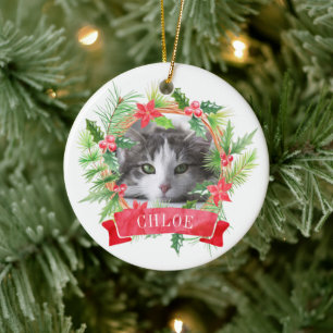 Ornamento De Cerâmica Guirlanda de Natal com Foto de Gato