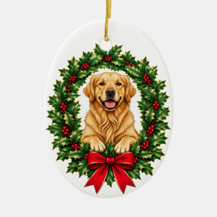 Ornamento De Cerâmica Guirlanda de Natal com Holly e Golden Retriever