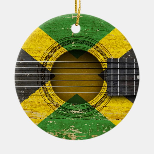 Ornamento De Cerâmica Guitarra acústica velha com bandeira jamaicana (Frente)