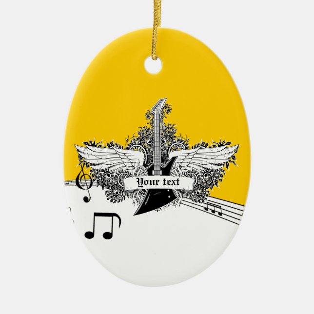 Ornamento De Cerâmica Guitarra amarela preta com asas (Frente)