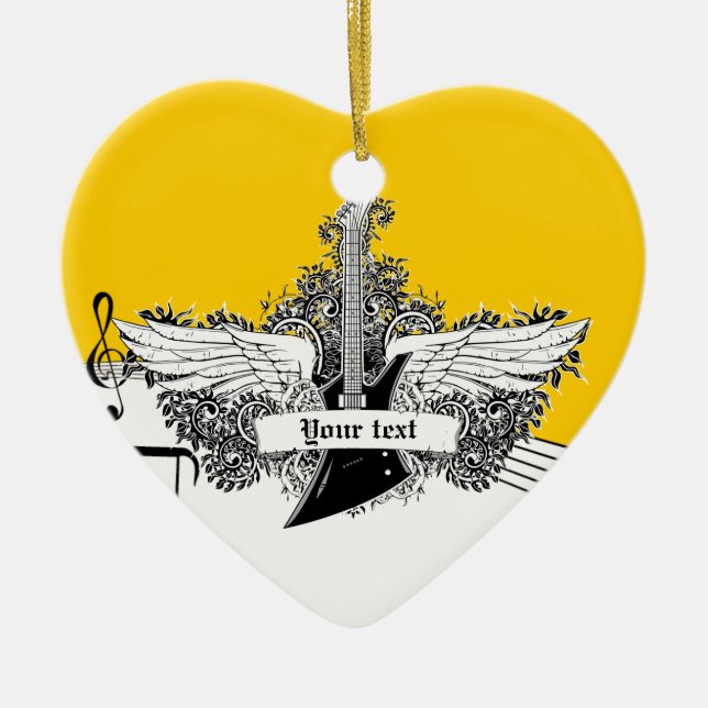 Ornamento De Cerâmica Guitarra amarela preta com asas (Frente)