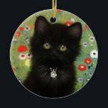 Ornamento De Cerâmica Gustav Klimt Kitten<br><div class="desc">Ornamento com um gatinho Gustav Klimt! Este gatinho preto veste um colar prateado e se senta num campo de flores vermelhas,  azuis,  brancas e amarelas. Um presente maravilhoso para amantes de gatos e entusiastas de arte austríacos!</div>