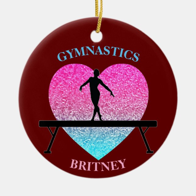 Ornamento De Cerâmica Gymnastics Beam Sparkle Heart Burgundy (Frente)