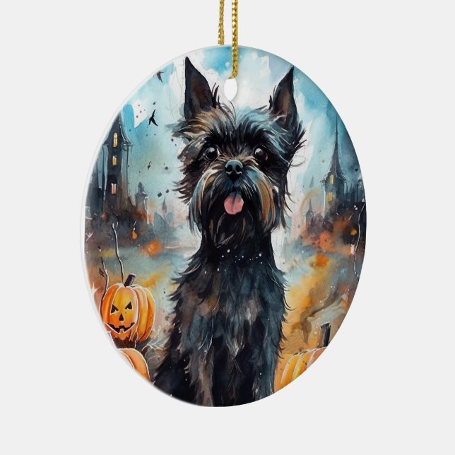Ornamento De Cerâmica Halloween Affenpinscher Com Pumpkins Assustado (Direito )