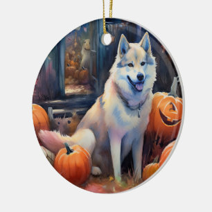 Ornamento De Cerâmica Halloween Alaskan Malamute Com Pumpkins Assustado