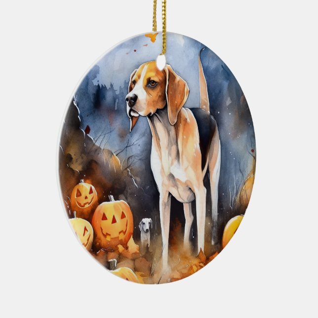 Ornamento De Cerâmica Halloween American English Foxhound Com Pumpkins (Direito )