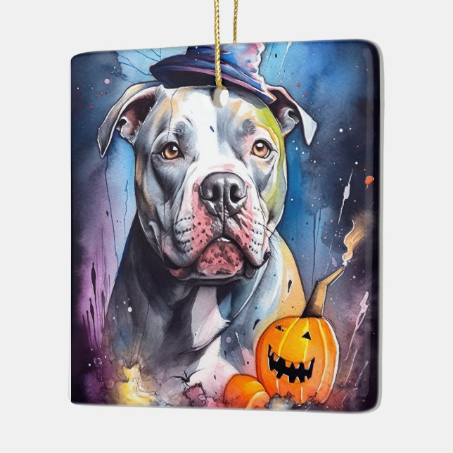 Ornamento De Cerâmica Halloween American Staffordshire Com Pumpkins (Esquerda)