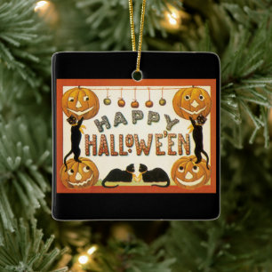 Ornamento De Cerâmica Halloween Antigo, Gatos Pretos com Jackolanterns