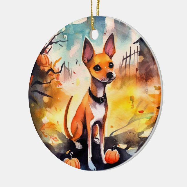 Ornamento De Cerâmica Halloween Basenji Com Pumpkins Assustado (Esquerda)