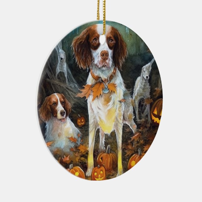 Ornamento De Cerâmica Halloween Brittany Spaniel Com Pumpkins Assustado (Direito )